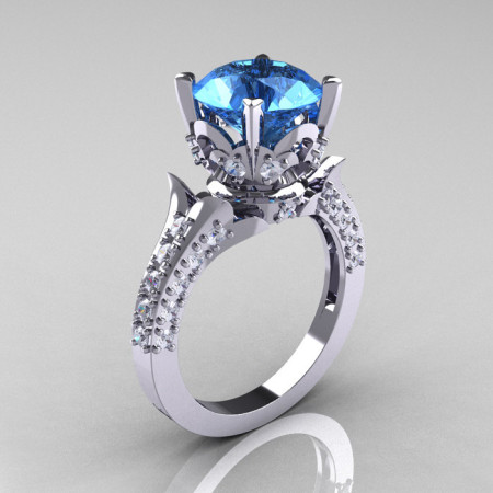 18K White Gold 3.0 Carat Blue Topaz Diamond Solitaire Wedding Ring R401-18KWGDBT-1