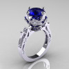 Modern Antique 14K White Gold 3.0 Carat Blue Sapphire Diamond Solitaire Wedding Ring R214-14KWGDBS-2