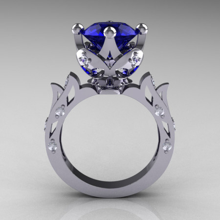 Modern Antique 14K White Gold 3.0 Carat Blue Sapphire Diamond Solitaire Wedding Ring R214-14KWGDBS-1