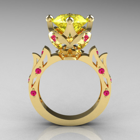 Modern Antique 14K Yellow Gold 3.0 Carat Yellow Pink Sapphire Solitaire Wedding Ring R214-14KYGYPS-1