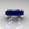 Mens Modern 10K White Gold Blue Sapphire Channel Cluster Infinity Wedding Band R174-10WGBS-3