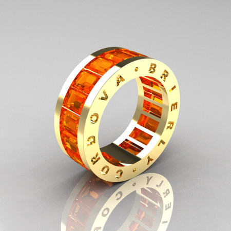 Mens Modern 14K Yellow Gold Orange Sapphire Channel Cluster Infinity Wedding Band R174-14YGOS-1