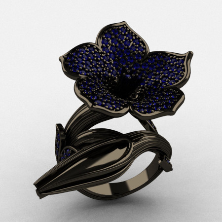 Designer Exclusive 14K Black Gold Blue Sapphire Duchess Trumpet Flower and Vine Ring NN123-14KBGBS-1