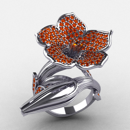 Designer Exclusive 14K White Gold Orange Sapphire Duchess Trumpet Flower and Vine Ring NN123-14KWGOS-1