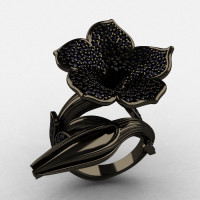 Designer Exclusive 14K Black Gold Black Diamond Duchess Trumpet Flower and Vine Ring NN123-14KBGBD-1