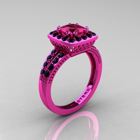 Classic 14K Pink Gold 1.23 Carat Princess Pink Sapphire Black Diamond Solitaire Engagement Ring R220P-14KPGBDPS-1