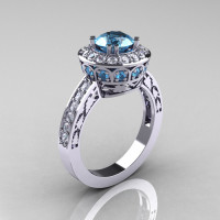 14K White Gold 1.0 Carat Aquamarine Diamond Wedding Ring Engagement Ring R199-14KWGDAQ-1