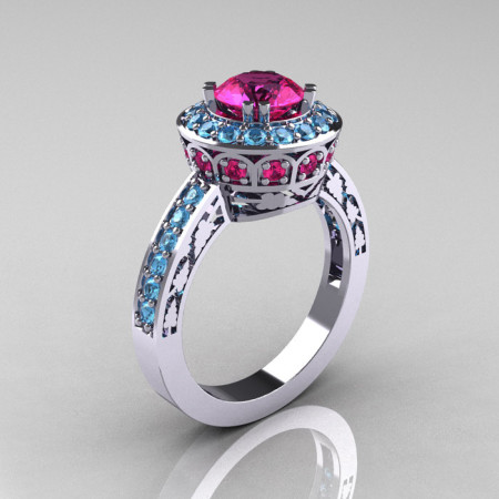 Classic 14K White Gold 1.0 Carat Pink Sapphire Blue Topaz Wedding Ring Engagement Ring R199-14KWGBTPS-1