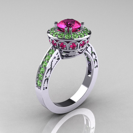 Classic 14K White Gold 1.0 Carat Pink Sapphire Green Topaz Wedding Ring Engagement Ring R199-14KWGGTPS-1