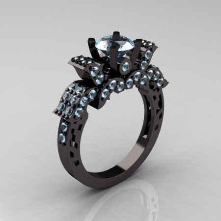 French 14K Black Gold Aquamarine Wedding Ring Engagement Ring R198-14KBGAQ-1