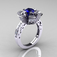 Modern French 14K White Gold Blue Sapphire Diamond Wedding Ring Engagement Ring R224-14KWGDBS-1