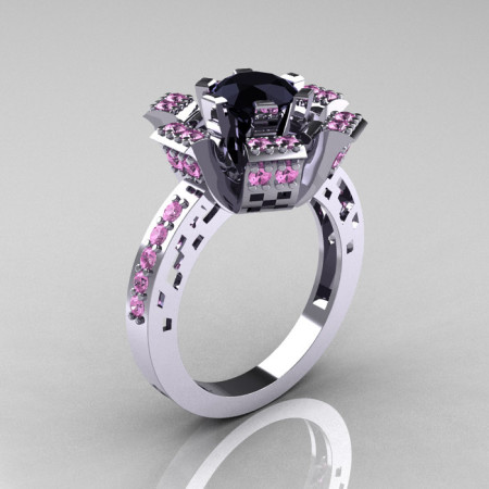 Modern French 14K White Gold Black Diamond Light Pink Sapphire Wedding Ring Engagement Ring R224-14KWGLPSBD-1