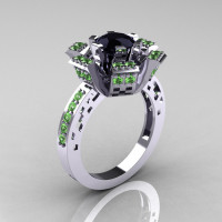 Modern French 10K White Gold Black Diamond Green Topaz Wedding Ring Engagement Ring R224-10KWGBTBD-1