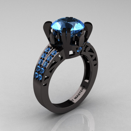 Modern Vintage 14K Black Gold 3.0 CT Blue Topaz Wedding Ring Engagement Ring R302-BGBT-1