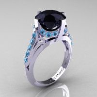French Vintage 14K White Gold 3.0 CT Black Diamond Blue Topaz Bridal Solitaire Ring Y306-14KWGBTBD-1