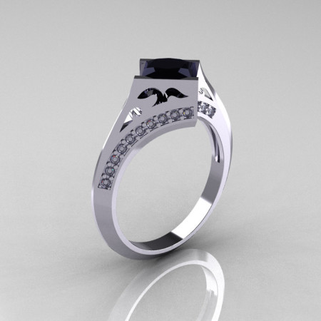Modern French 14K White Gold 1.23 CT Princess Black and White Diamond Engagement Wedding Ring R176-14WGDBD-1