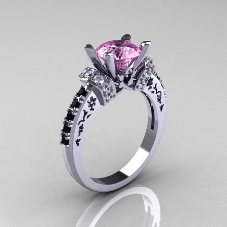 Modern Armenian Classic 18K White Gold 1.5 Carat Light Pink Sapphire Black and White Diamond Solitaire Wedding Ring R137-18WGDBDLPS-1