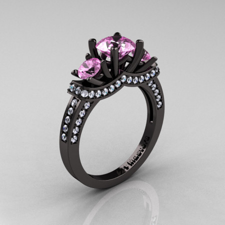 French 14K Black Gold Three Stone Light Pink Sapphire Diamond Wedding Ring Engagement Ring R182-14KBGDLPS-1