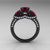 French 14K Black Gold Three Stone Raspberry Red Garnet Diamond Wedding Ring Engagement Ring R182-14KBGDRG-2