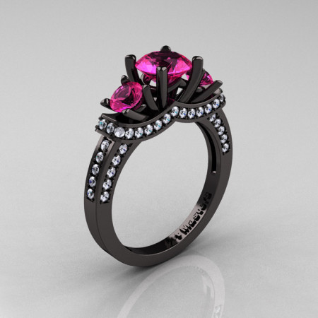 French 14K Black Gold Three Stone Pink Sapphire Diamond Wedding Ring Engagement Ring R182-14KBGDPS-1