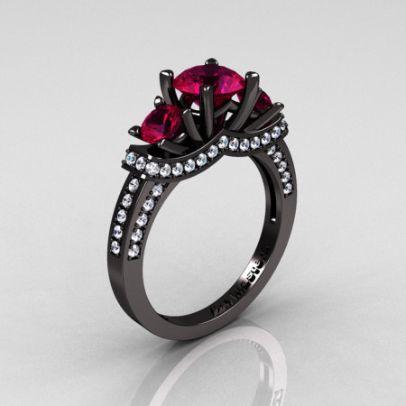 French 14K Black Gold Three Stone Raspberry Red Garnet Diamond Wedding Ring Engagement Ring R182-14KBGDRG-1