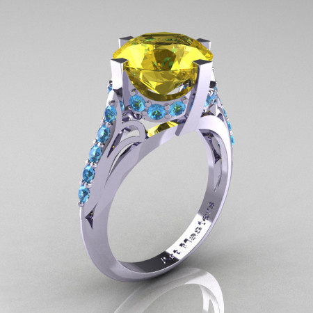 French Vintage 14K White Gold 3.0 CT Yellow Sapphire Blue Topaz Bridal Solitaire Ring Y306-14KWGBTYS-1