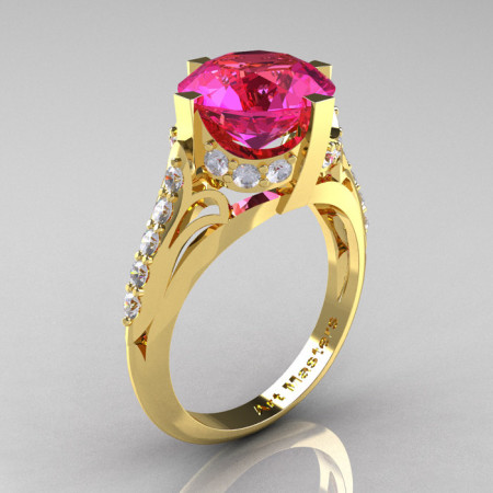 French Vintage 14K Yellow Gold 3.0 CT Pink Sapphire Diamond Bridal Solitaire Ring Y306-14KYGDPS-1