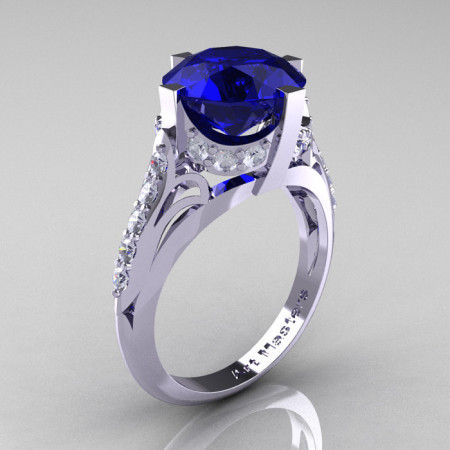 French Vintage 14K White Gold 3.0 CT Blue Sapphire Diamond Bridal Solitaire Ring Y306-14KWGDBS-1