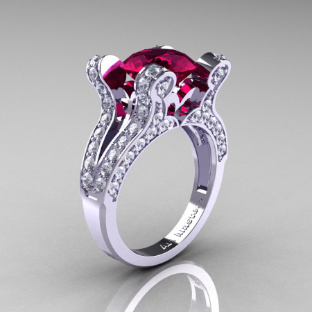 Persephone – French Vintage 14K White Gold 3.0 CT Raspberry Red Garnet Diamond Pisces Wedding Ring Engagement Ring Y228-14KWGDRRG-1