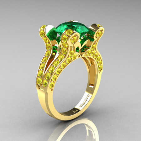 Themis – French Vintage 14K Yellow Gold 3.0 Emerald Yellow Sapphire Pisces Wedding Ring Engagement Ring Y228-14KYGYSEM-1