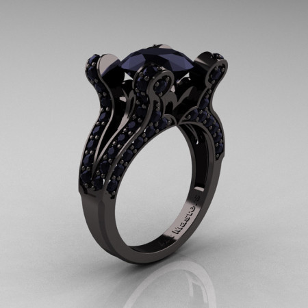 Elizabeth – French Vintage 14K Black Gold 3.0 CT Black Diamond Pisces Wedding Ring Engagement Ring Y228-14KBGBD-1