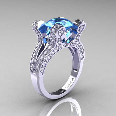 French Vintage 14K White Gold 3.0 CT Blue Topaz Diamond Pisces Wedding Ring Engagement Ring Y228-14KWGDBT-1