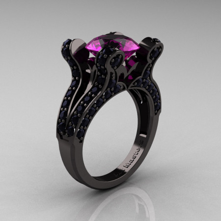 French Vintage 14K Black Gold 3.0 CT Amethyst Black Diamond Pisces Wedding Ring Engagement Ring Y228-14KBGBDAM-1