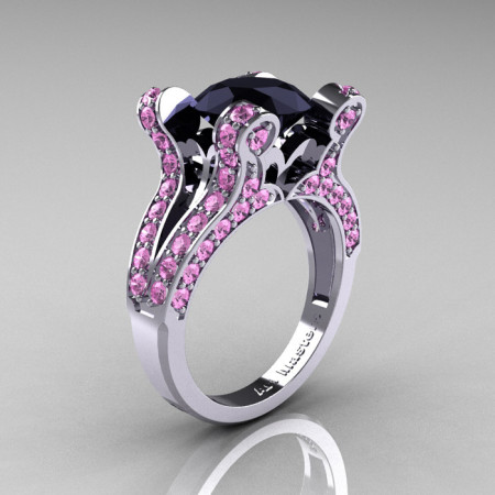 French Vintage 14K White Gold 3.0 CT Black Diamond Light Pink Sapphire Pisces Wedding Ring Engagement Ring Y228-14KWGLPSBD-1
