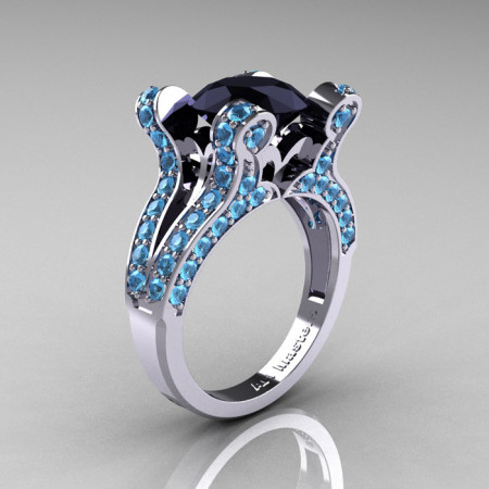 French Vintage 14K White Gold 3.0 CT Black Diamond Blue Topaz Pisces Wedding Ring Engagement Ring Y228-14KWGBTBD-1