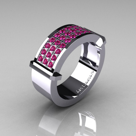 Gentlemens Modern 14K White Gold 33 Stone Pink Sapphire Ring MR184-14KWGPS-1