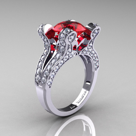 French Vintage 14K White Gold 3.0 CT Ruby Diamond Pisces Wedding Ring Engagement Ring Y228-14KWGDR-1