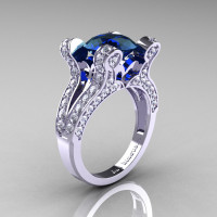 French Vintage 14K White Gold 3.0 CT London Blue Sapphire Diamond Pisces Wedding Ring Engagement Ring Y228-14KWGDLBS-1