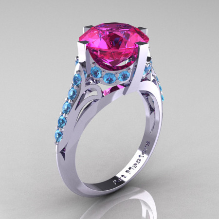 French Vintage 14K White Gold 3.0 CT Pink Sapphire Blue Topaz Bridal Solitaire Ring Y306-14KWGBTPS-1