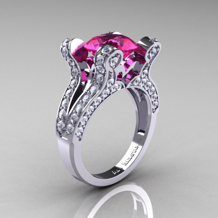 French Vintage 14K White Gold 3.0 CT Pink Sapphire Diamond Pisces Wedding Ring Engagement Ring Y228-14KWGDPS-1