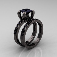Modern French 14K Black Gold 1.0 Carat Princess Black Diamond Engagement Ring Weding Band Bridal Set AR125S-14KBGBD-1
