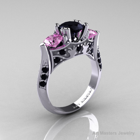 Nature Inspired 14K White Gold Three Stone Black Diamond Light Pink Sapphire Solitaire Wedding Ring Y230-14KWGLPSBD-1