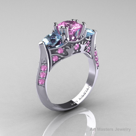 Nature Inspired 14K White Gold Three Stone Light Pink Sapphire Aquamarine Solitaire Wedding Ring Y230-14KWGAQLPS-1