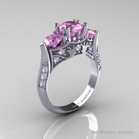 Nature Inspired 14K White Gold Three Stone Light Pink Sapphire Diamond Solitaire Wedding Ring Y230-14KWGDLPS-1