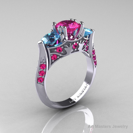 Nature Inspired 14K White Gold Three Stone Pink Sapphire Blue Topaz Solitaire Wedding Ring Y230-14KWGBTPS-1