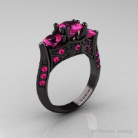 Nature Inspired 14K Black Gold Three Stone Pink Sapphire Solitaire Wedding Ring Y230-14KBGPS-1