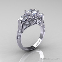 Nature Inspired 14K White Gold Three Stone White Topaz Diamond Solitaire Wedding Ring Y230-14KWGDWT-1