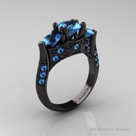 Nature Inspired 14K Black Gold Three Stone Blue Topaz Solitaire Wedding Ring Y230-14KBGBT-1