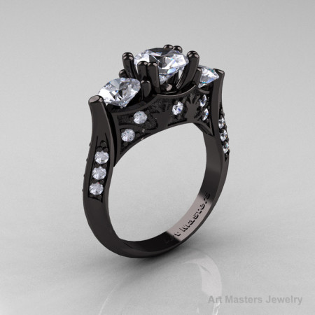 Nature Inspired 14K Black Gold Three Stone White Topaz Diamond Solitaire Wedding Ring Y230-14KBGDWT-1