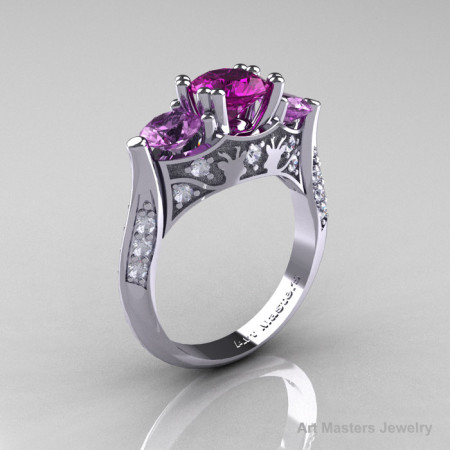 14K White Gold Three Stone Amethyst Diamond Solitaire Wedding Ring Y230-14KWGDAM-1